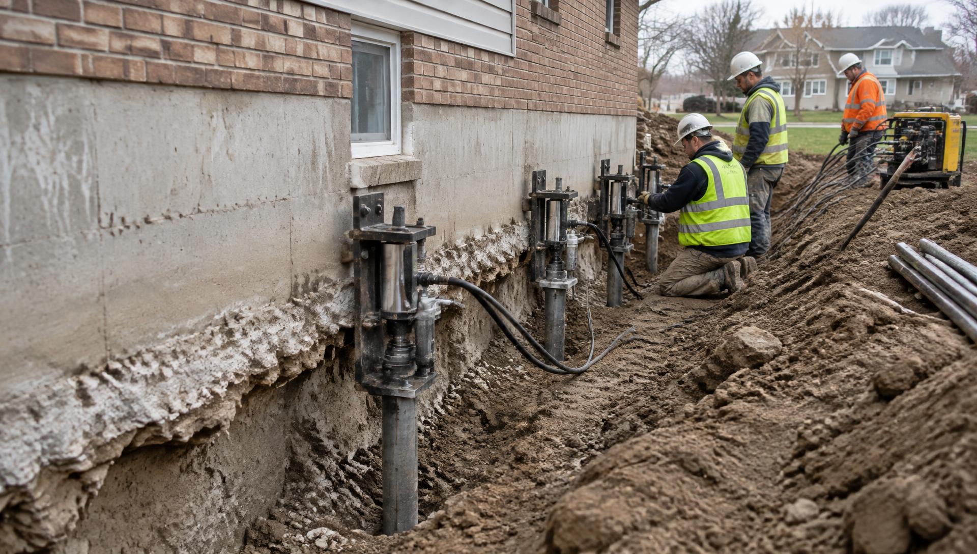 Crew installing steel push piers along a home foundation