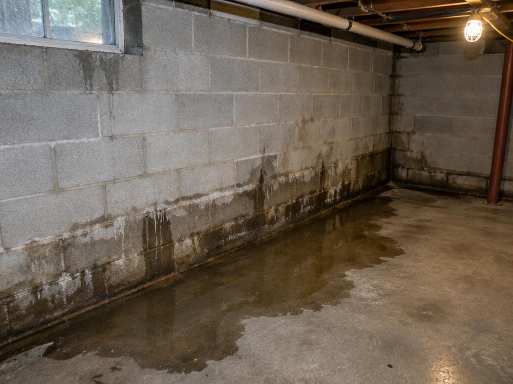 Water seeping along a block basement wall